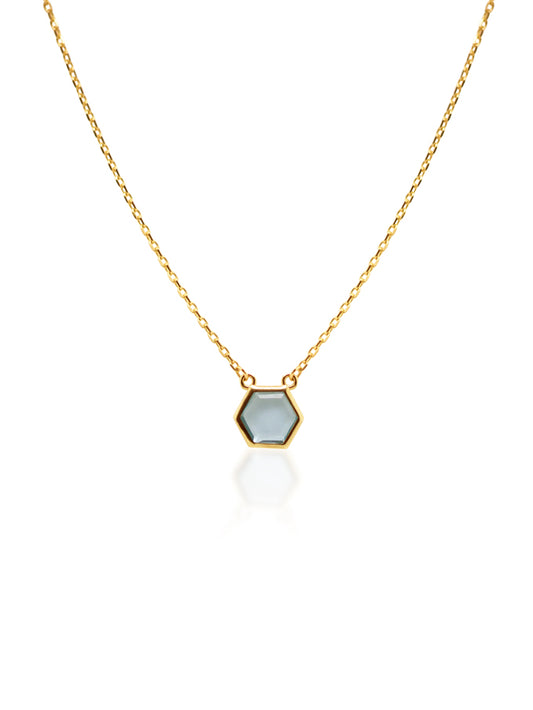 Hexagon Bezel Set Blue Topaz Necklace in 9 Carat Yellow Gold