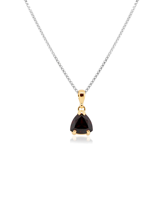 Triangular Garnet Pendant 9K Yellow Gold (silver rhodium plate chain)