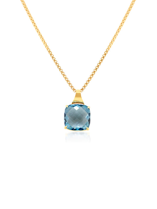 Sky Blue Topaz Pendant, 20x20mm 9k Yellow Gold, plated chain