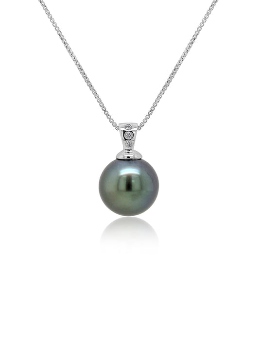 13mm Tahitian Pearl & 0.04 Carat Diamond Set Pendant in 9K White Gold