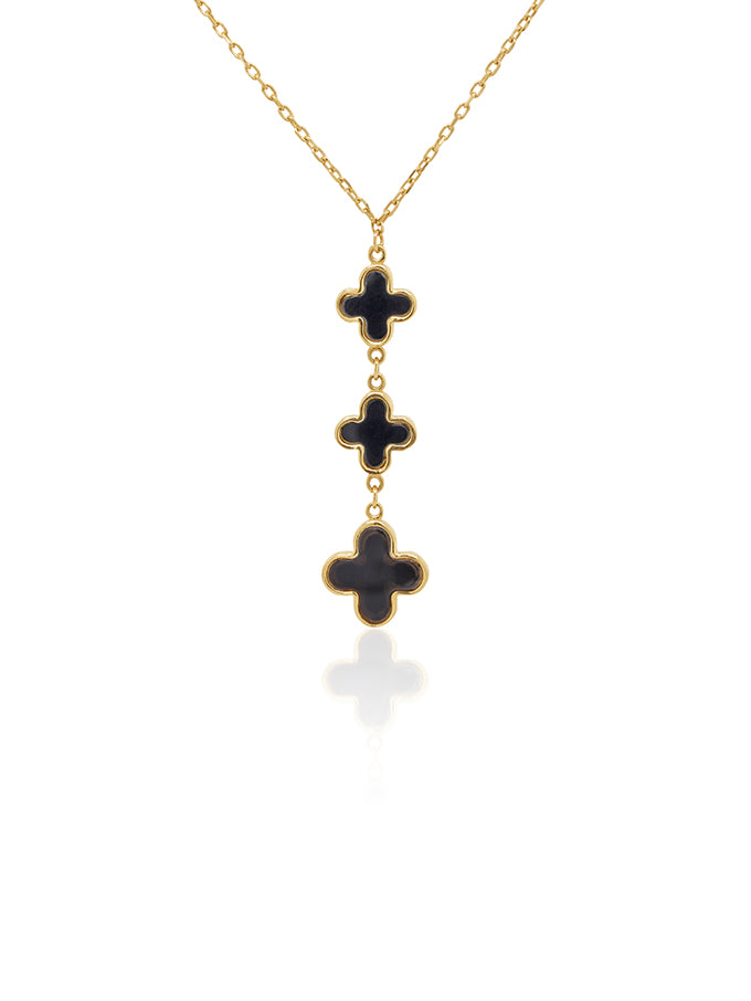 Onyx 3 Clover Lariat Pendant in 9 Carat Yellow Gold