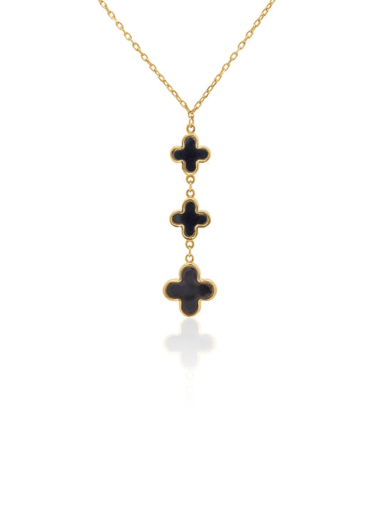 Onyx 3 Clover Lariat Pendant in 9 Carat Yellow Gold