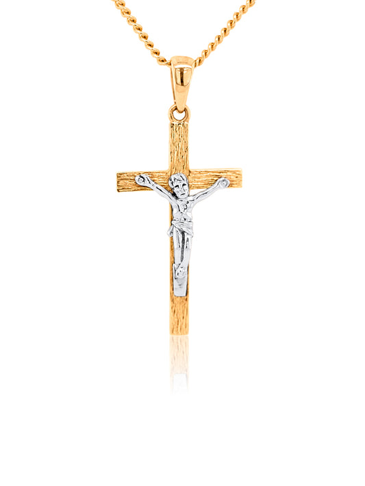 Crucifix 9K Yellow & White Gold. bark finish,