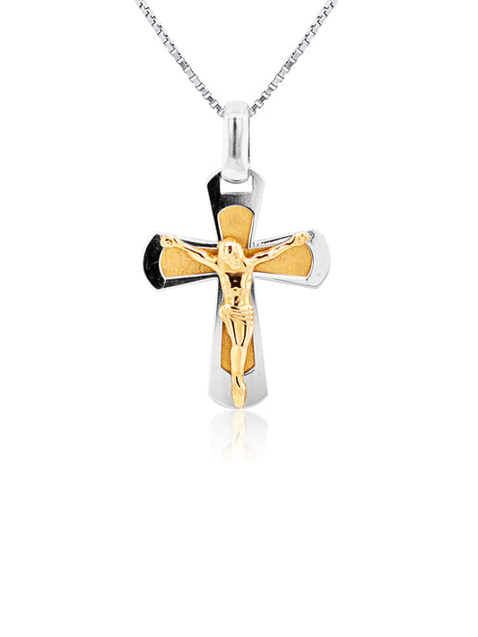 Crucifix Cross Yellow Gold on White Gold, 9K. (45cm silver chain)