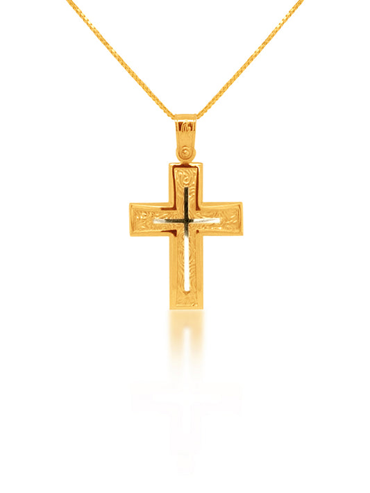 Cross Fancy Square White Gold Inlay, 9 Carat Yellow Gold