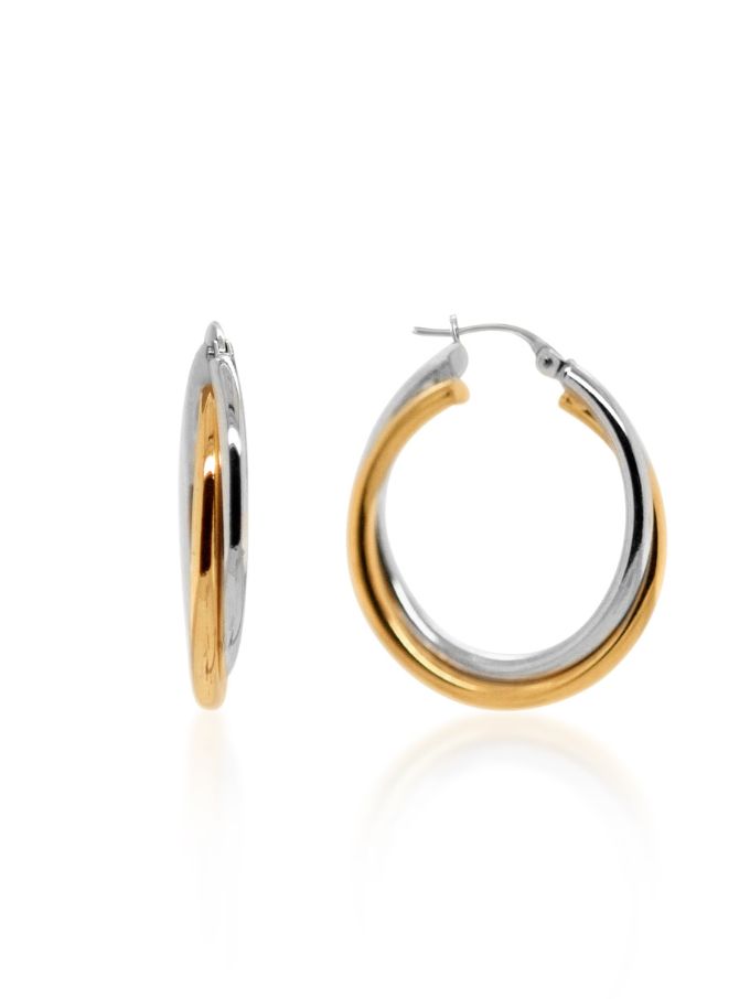 Crossover Hoop Earrings Plain, 9K Yellow & White Gold