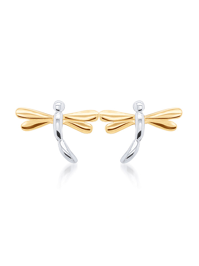 Dragonfly Stud Earrings in 9 Carat Yellow & White Gold