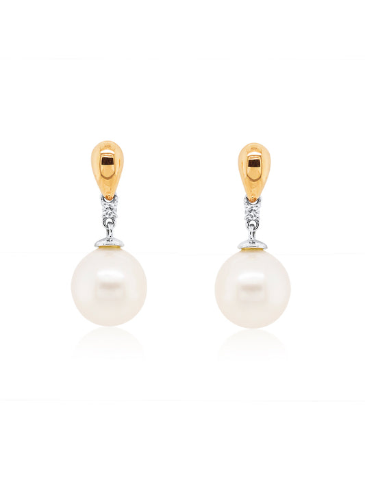 South Sea Pearl  & Diamond stud drops, 18K Yellow Gold.