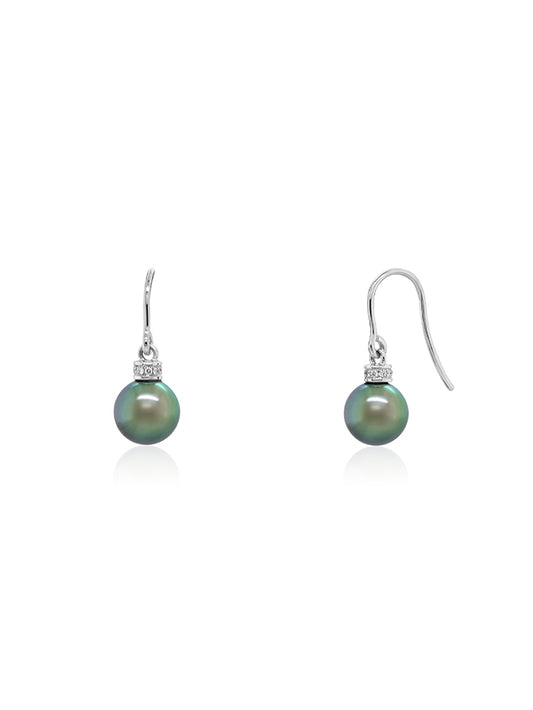 9 mm Tahitian Pearl Drops, Diamond set (0.10ct), 9K White Gold