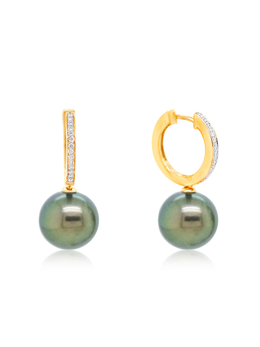 Pair 11mm Tahitian Pearl & Diamond Earrings, 9K YG.