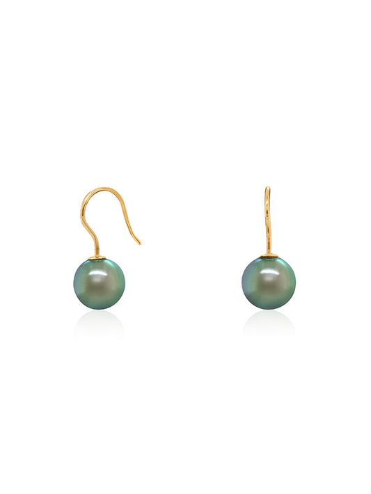 Pair 10mm Tahitian Pearl shepherd hook earrings, 14K YG.