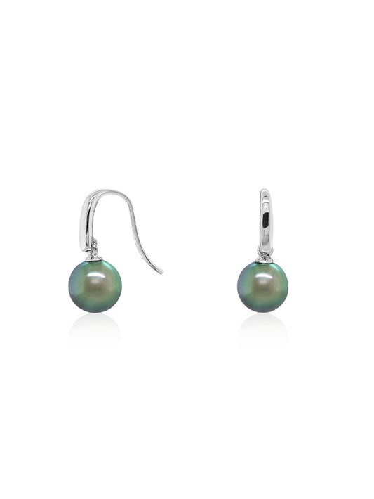 9mm Lusturous Tahitian Pearl Drop Ear Rings, 9K White Gold