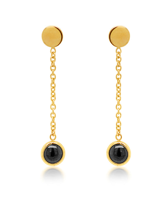 Black Onyx Drop Earrings, 9K Yellow Gold, Glamorous.