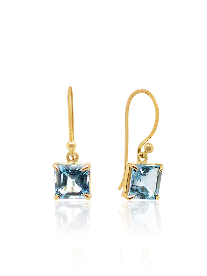 Square Blue Topaz Earrings 9k yg shepherd hook drops.