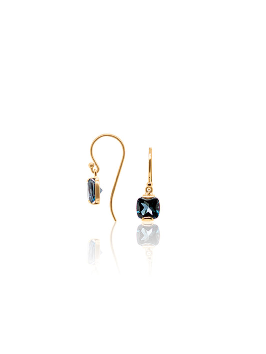 London Blue Topaz Earrings 9k yg shepherd hook drops.