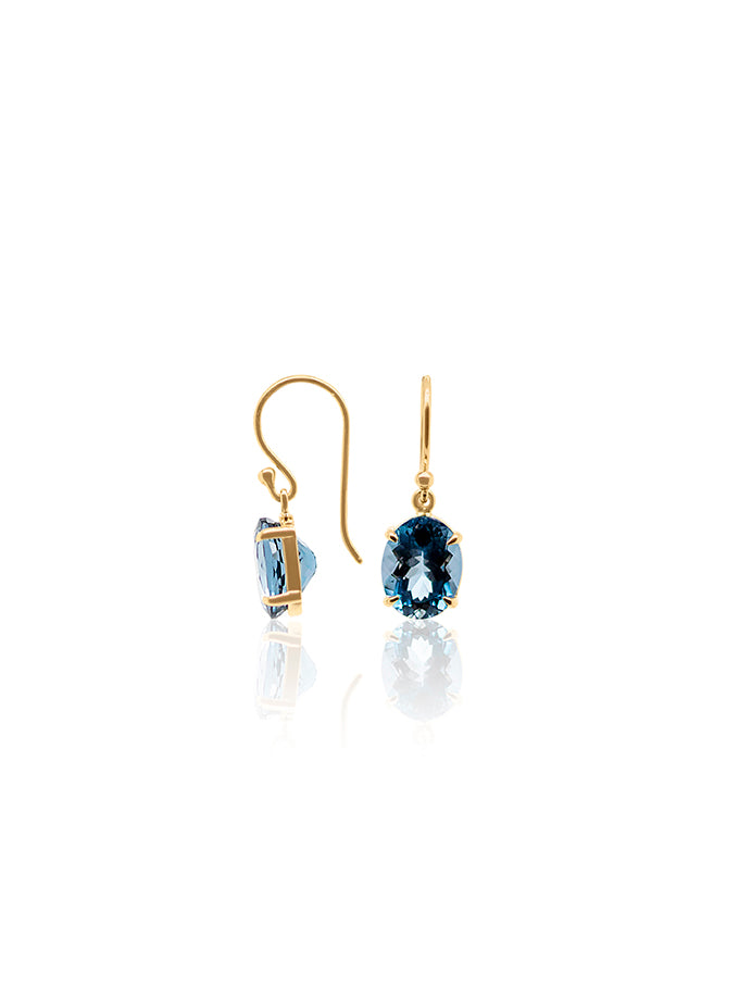 Oval London Blue Topaz Earrings 9K YG Shepherd Hook Drops.