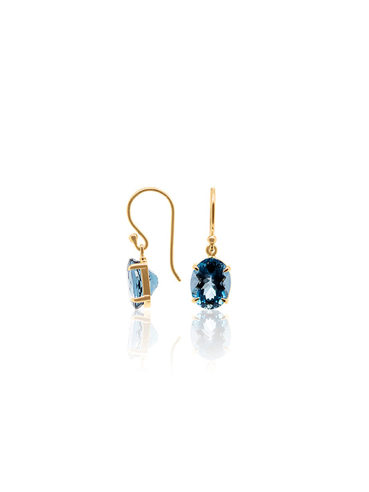 Oval London Blue Topaz Earrings 9K YG Shepherd Hook Drops.