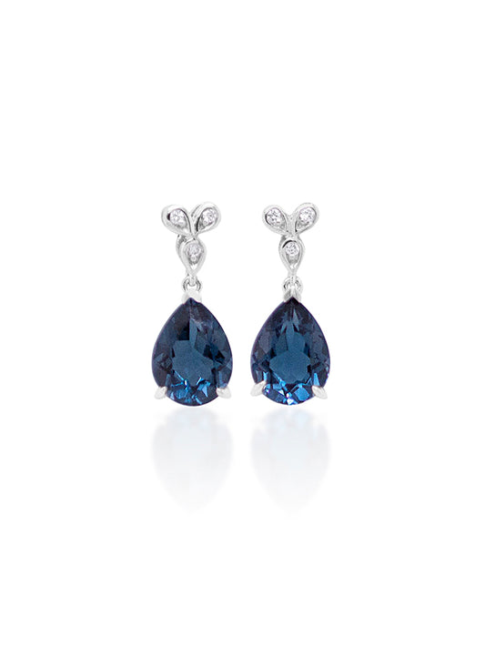 London Blue Topaz & Diamond Drop Earrings in 9 Carat White Gold