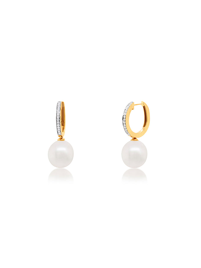 10mm South Sea Pearl Diamond Set Huggie Earrings, 9 Carat Yellow Gold