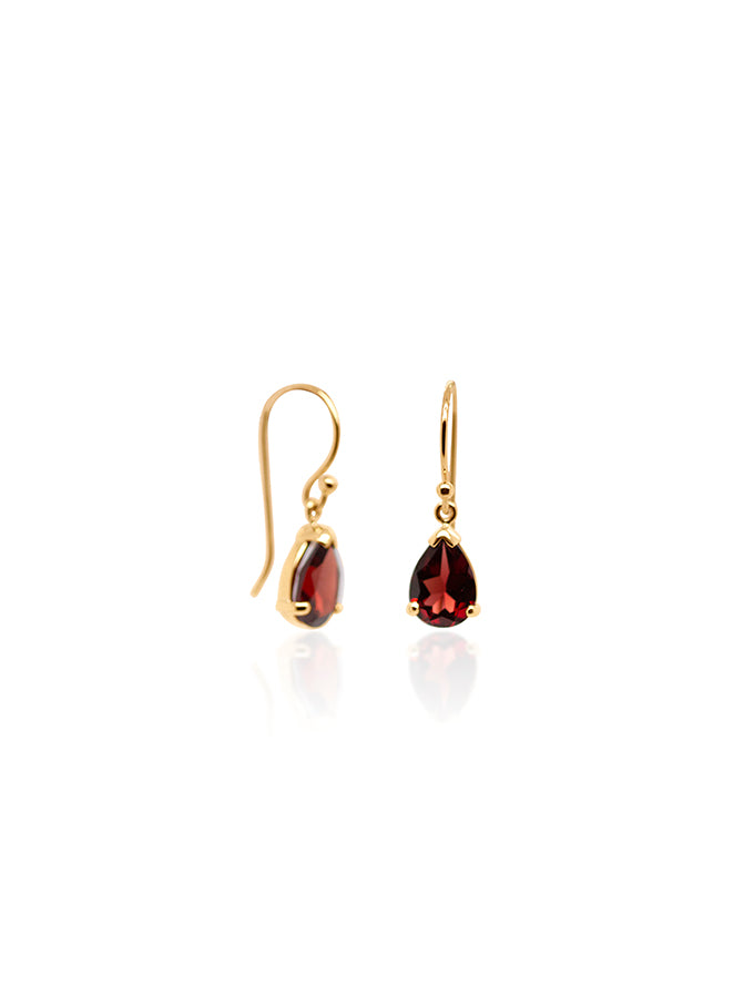 Pear Garnet Earrings in 9 Carat Yellow Gold shepherd hook drops.