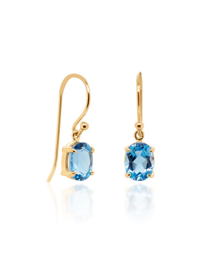 Oval Blue Topaz Earrings in 9 Carat Yellow Gold Shepherd Hook Drops.