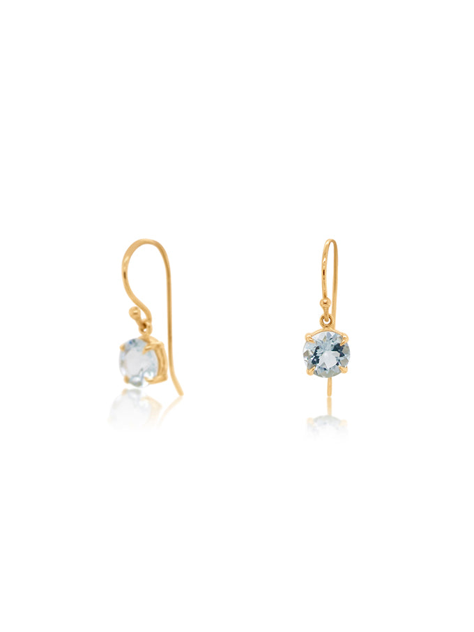 Round Aquamarine Earrings, 9 Carat Yellow Gold Drops.