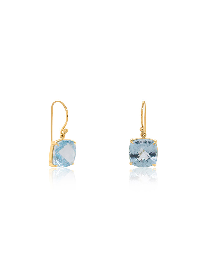 Swiss Blue Topaz Earrings 9 Carat Yellow Gold Shepherd Hook Drops.