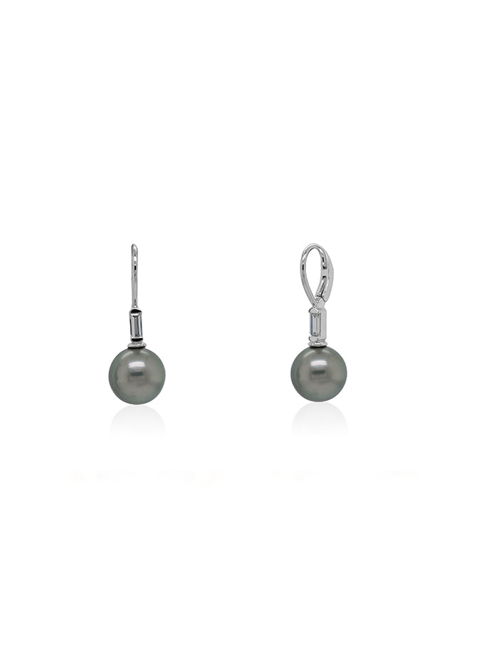 Baguette Diamond & 11mm Tahitian Pearl Drop Earrings, 18K White Gold