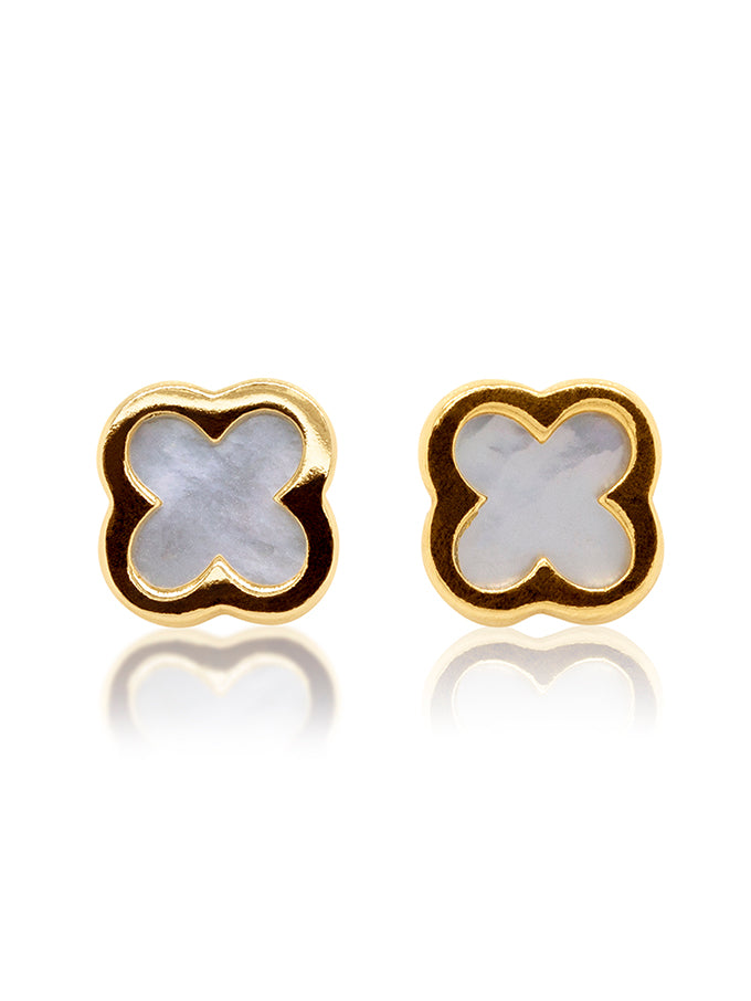 Mother Of Pearl Clover Earrings, 9K Yellow Gold