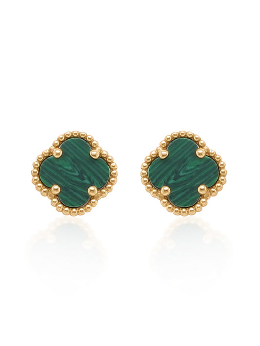 Fancy Small Malachite Clover stud earrings, 9 Carat Yellow Gold