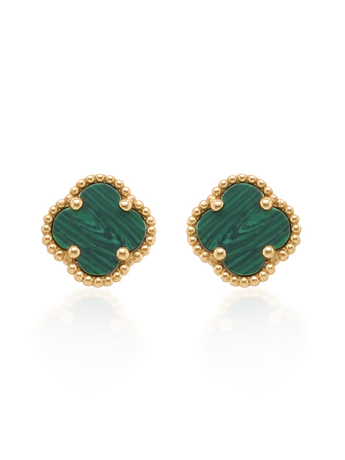 Fancy Malachite Large Clover stud earrings, 9 Carat Yellow Gold