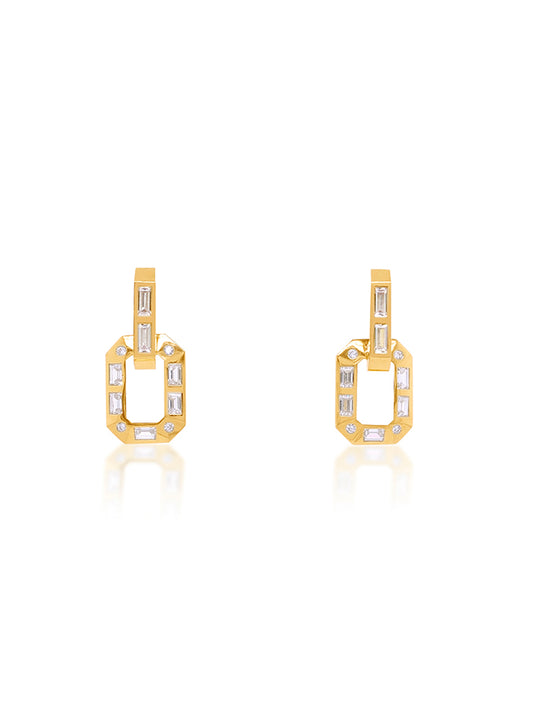 Cubic Zirconia, Huggie Double Drop Earrings, 9 Carat Yellow Gold