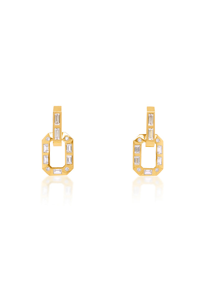 Cubic Zerconium, Huggie Double Drop Earrings, 9 Carat Yellow Gold