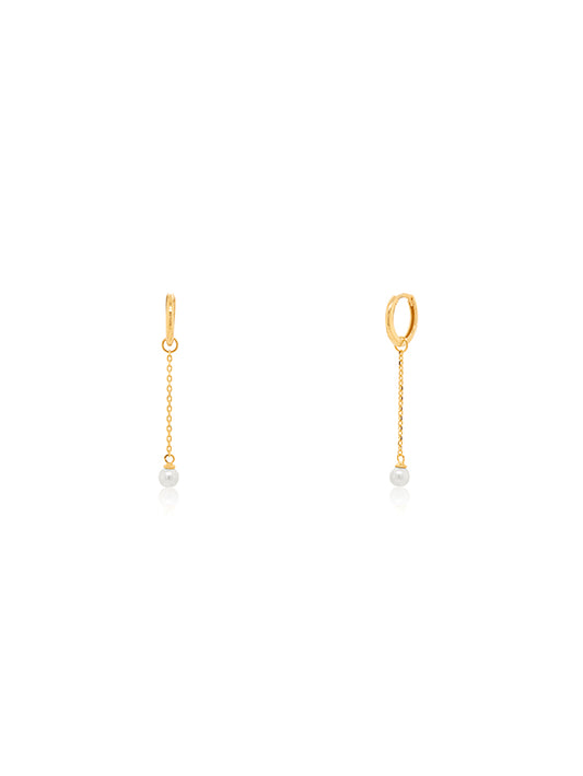 Huggie Earrings With Small FWP Chain Drop in 9 Carat Yellow Gold