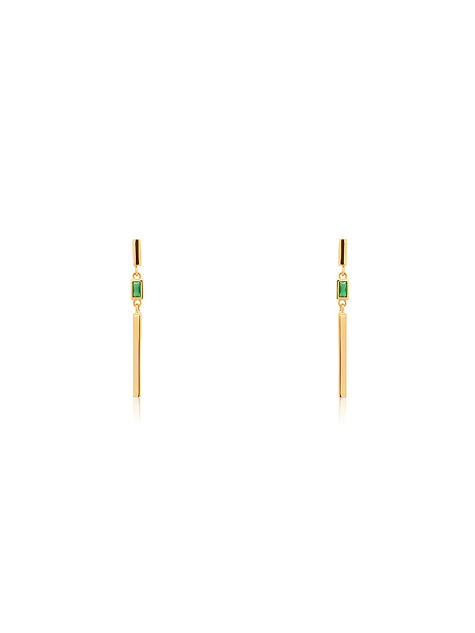 Rectangular Cut Green Stone Set Bar Drop Earrings, 9 Carat Yellow Gold