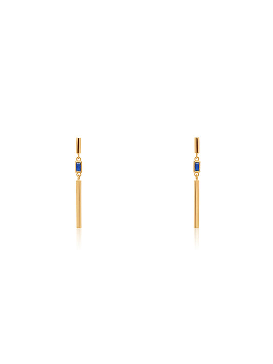 Rectangular Cut Blue Stone Set Bar Drop Earrings, 9 Carat Yellow Gold