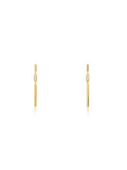 Rectangular Cut White Stone Set Bar Drop Earrings, 9 Carat Yellow Gold