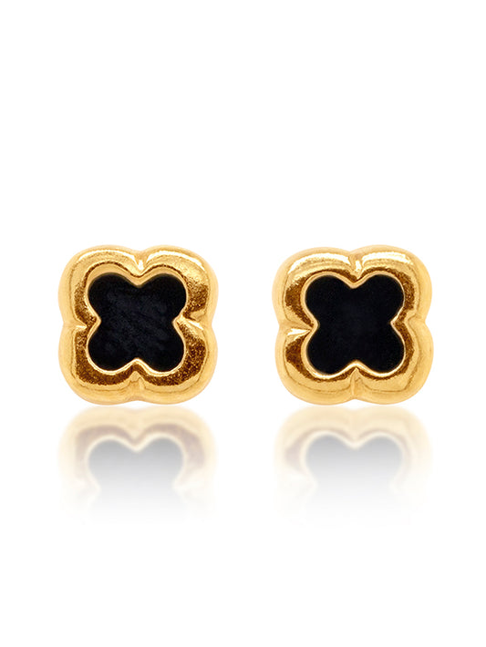 Black Onyx Clover Large Stud Earring, 9 Carat Yellow Gold