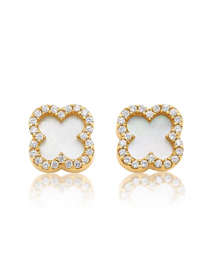 Mother Of Pearl & CZ Clover Earrings, 9 Carat Yellow Gold