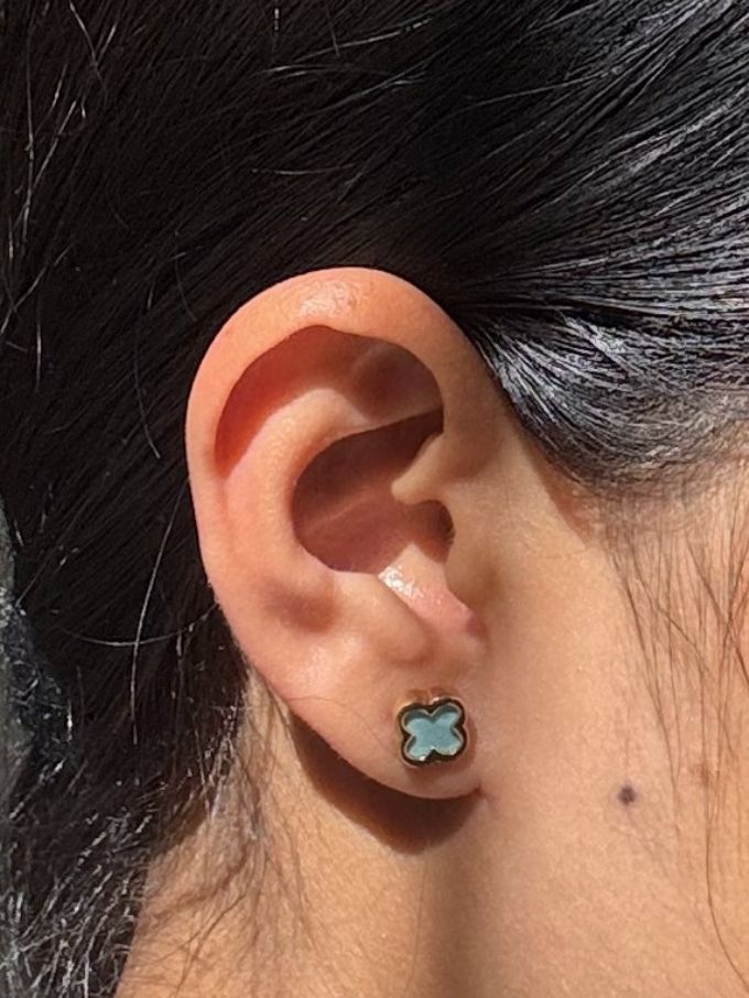 Turquoise Medium 4 Leaf Clover Stud Earring, 9 Carat Yellow Gold