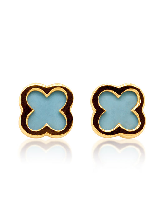 Turquoise Medium 4 Leaf Clover Stud Earring, 9 Carat Yellow Gold