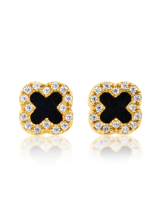 Small CZ & Black Onyx 4 Leaf Clover Stud Earring, 9K Yellow Gold