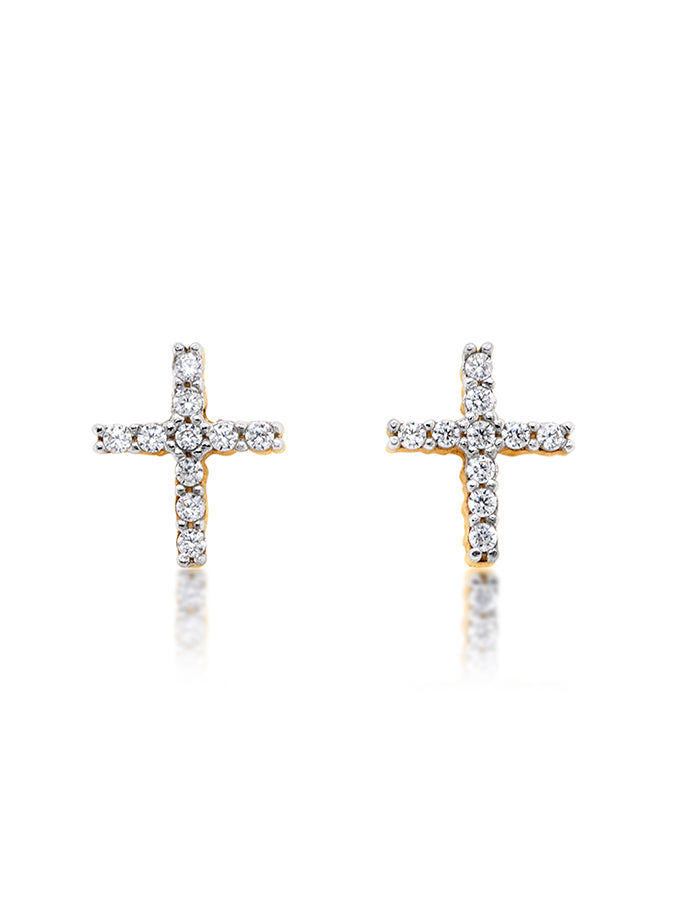 Cross Studs Cubic Zirconia Set. 9 Carat Yellow Gold