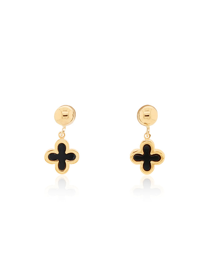 Black Onyx Clover Drop Earrings in 9 Carat Yellow Gold