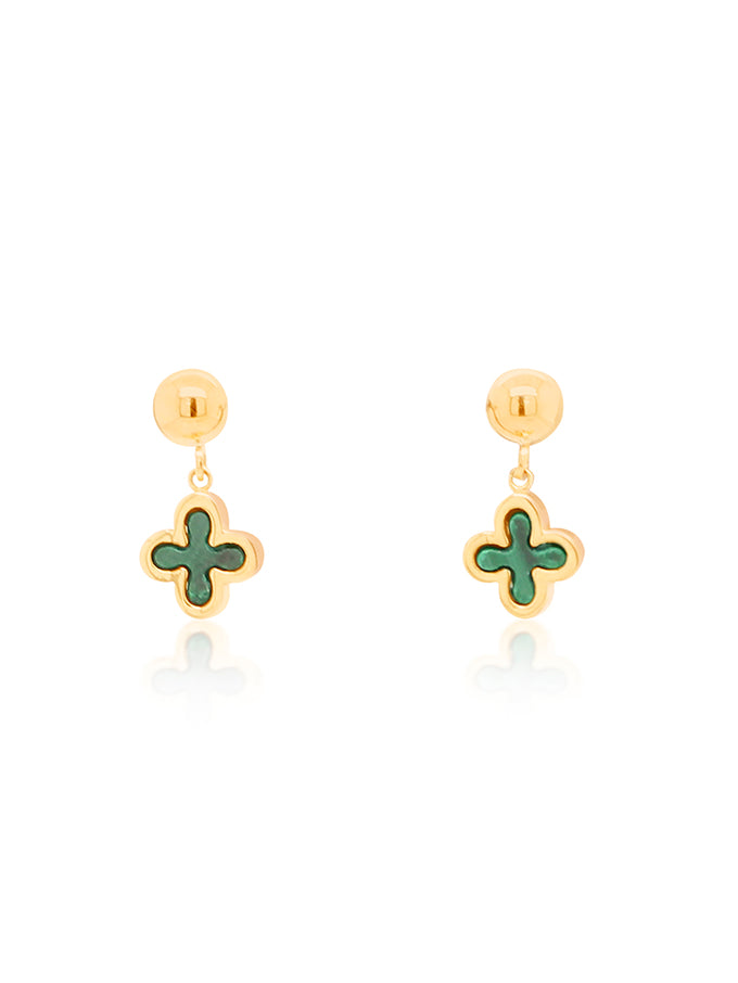 Malachite Clover Drop Earrings in 9 Carat Yellow Gold