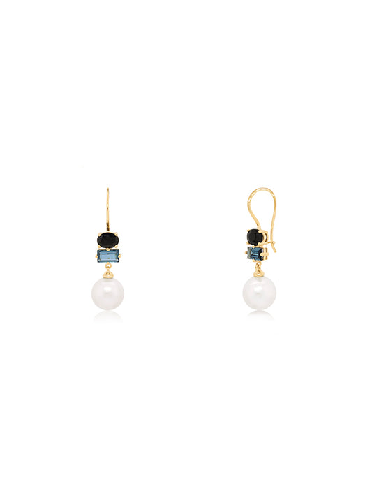 Fresh Water Pearl, Sapphire & London Blue Topaz Earrings in 9K YG