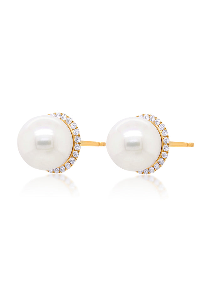 Freshwater Pearl & Diamond Halo Earrings in 9 Carat Yellow Gold