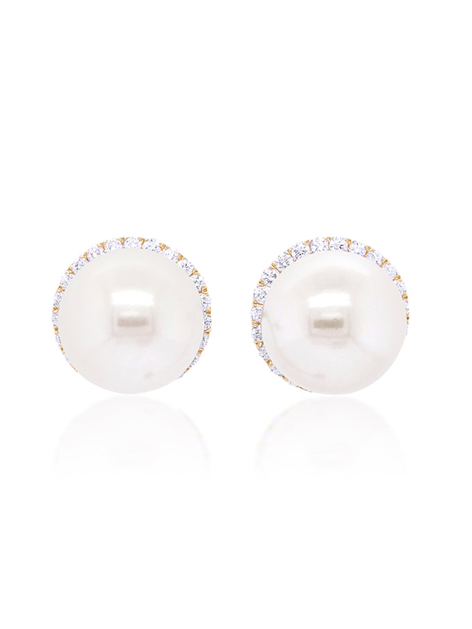 Freshwater Pearl & Diamond Halo Earrings in 9 Carat Yellow Gold