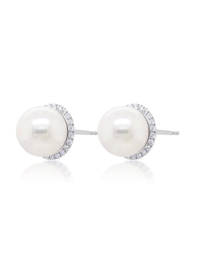 Freshwater Pearl & Diamond Halo Earrings in 9 Carat White Gold