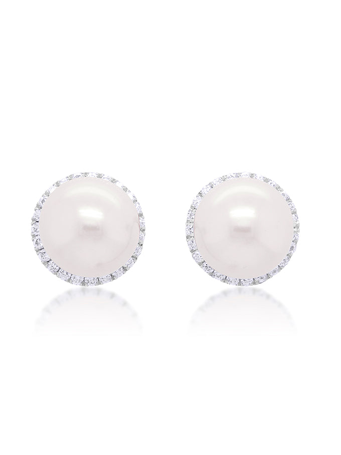 Freshwater Pearl & Diamond Halo Earrings in 9 Carat White Gold